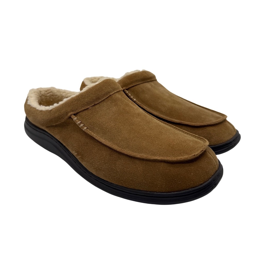 L.B. Evans Slippers Mens 13 EEE Brown Excellent Leather Faux Fur Clog Scuff 7529